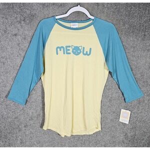 Lularoe Randy Cat MEOW Raglan Tee Shirt Womens Sz Small Yellow Blue T-Shirt NWT